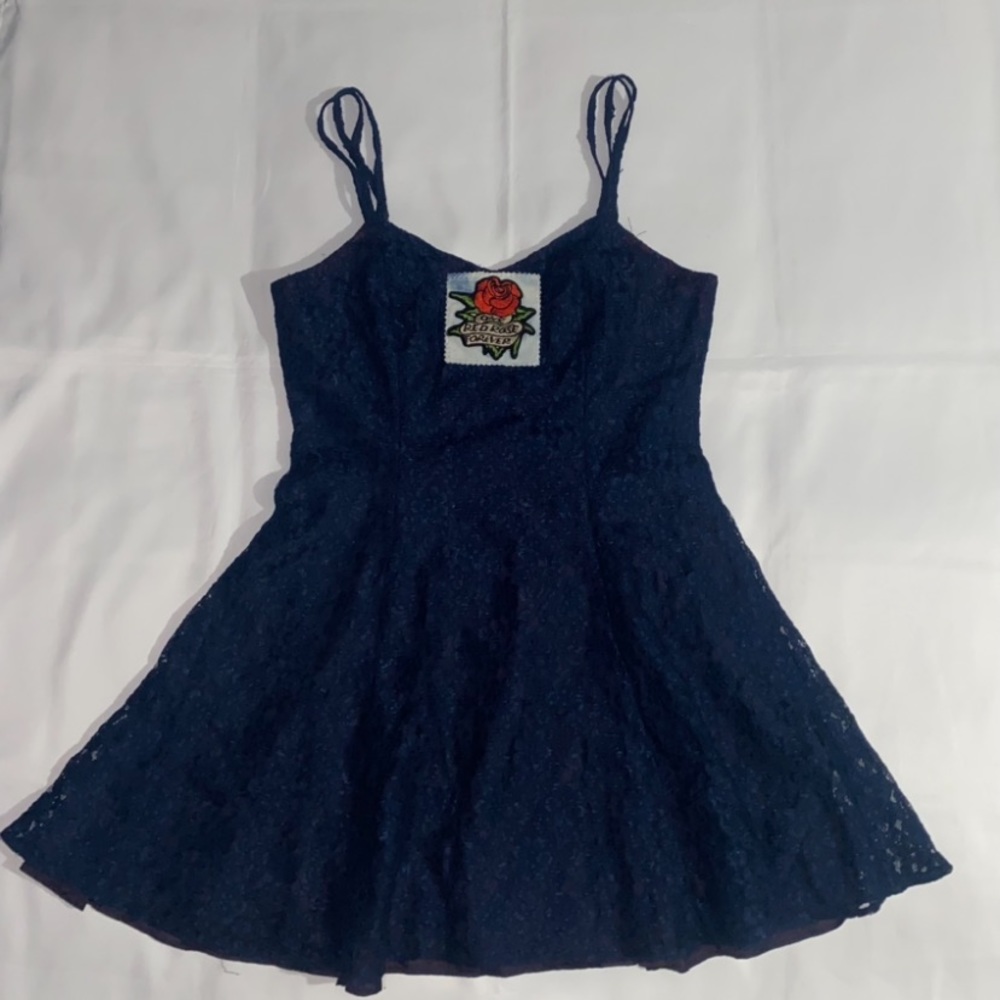 Vintage Marnie West Floral Mesh Lace Spaghetti Strap Dress w/ Rose Patch